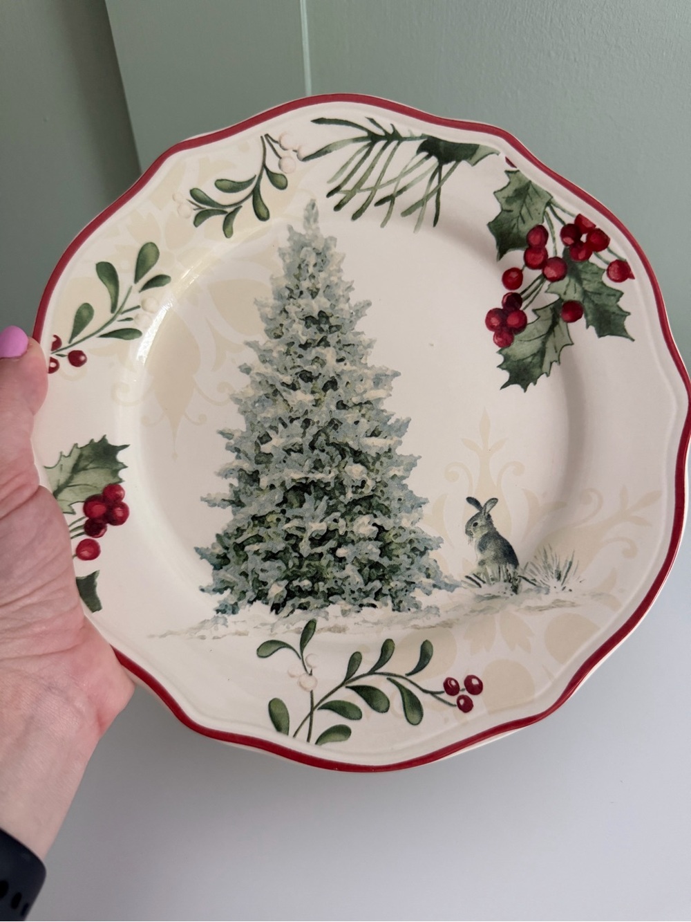 Better Homes And Gardens Cream Dinner Plate with Red Rim and Green Pine Motif